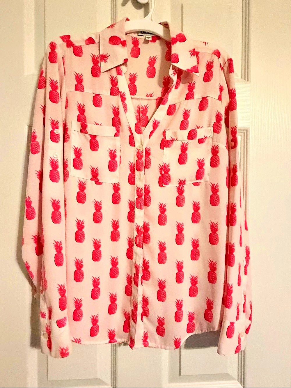 Express The Portofino Shirt Pineapple Print Button Down Pink & White XS